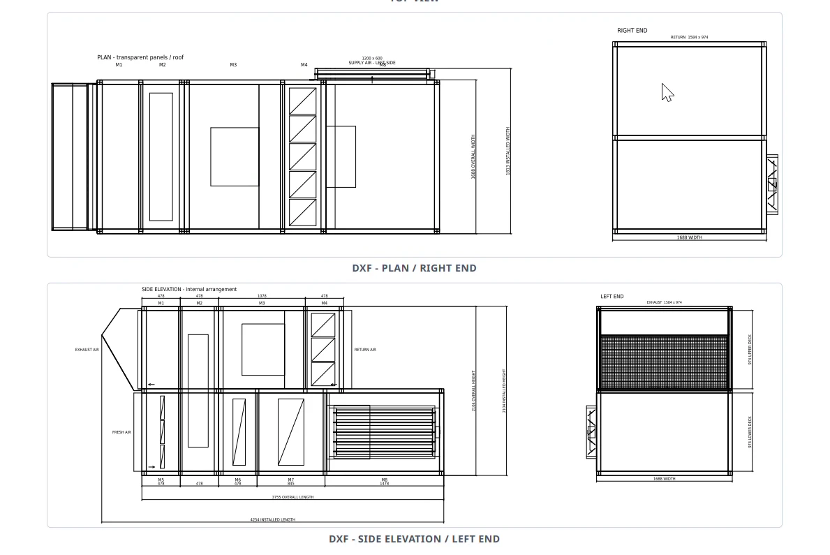 AirSelect3D printout with dimensioned DXF plan, end views and side elevation.